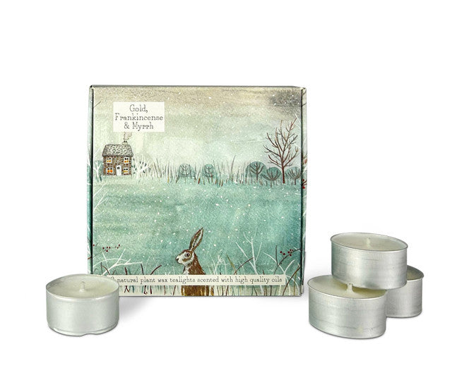 Illustrated Box of 9 Scented Wildlife Tea Lights Gold, Frankincense & Myrrh (Hare)