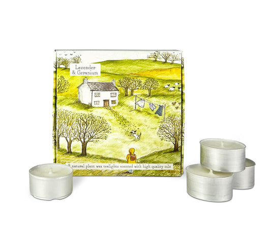 Illustrated Box of 9 Scented Country Life Tea Lights Lavender & Geranium (Girl & Dog)