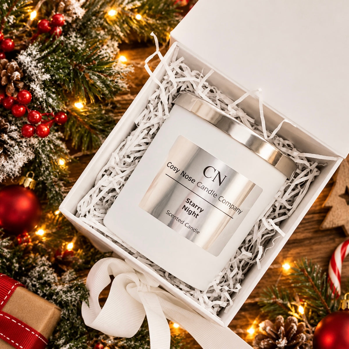 Festive White Silver Candle