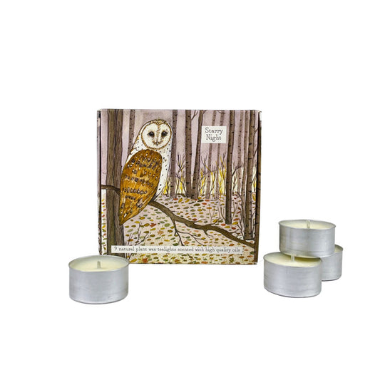 Illustrated Box of 9 Scented Wildlife Tea Lights Nutmeg, Orange & Cinnamon (Owl & Woods)