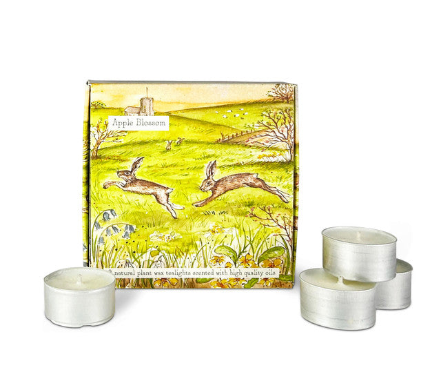 Illustrated Box of 9 Scented Country Life Tea Lights Apple Blossom (Dancing Hares)