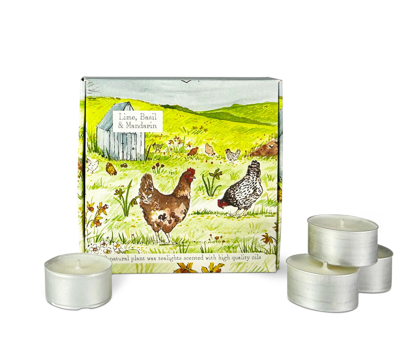 Illustrated Box of 9 Scented Country Life Tea Lights Lime Basil & Mandarin (Chicken & Shed)