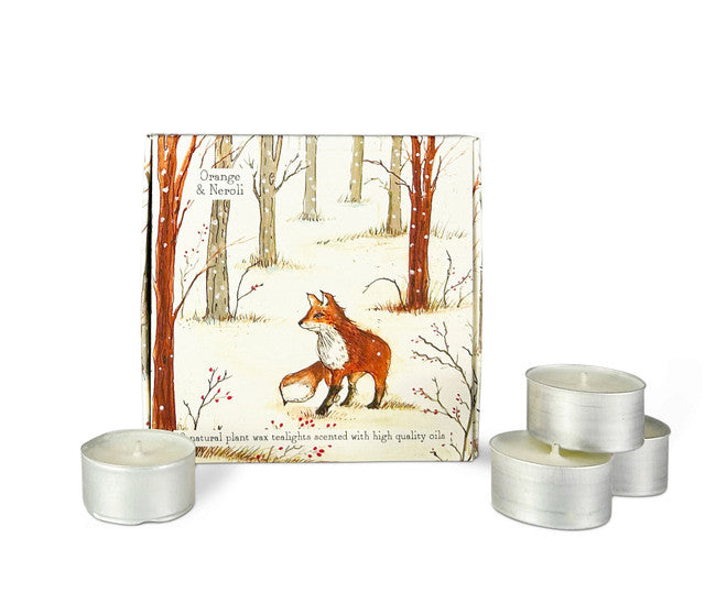 Illustrated Box of 9 Scented Wildlife Tea Lights Orange & Neroli (Fox)
