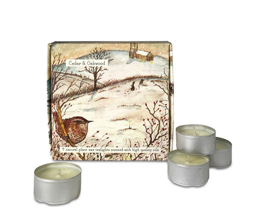 Illustrated Box of 9 Scented Wildlife Tea Lights Cedar & Oakwood (Wren)