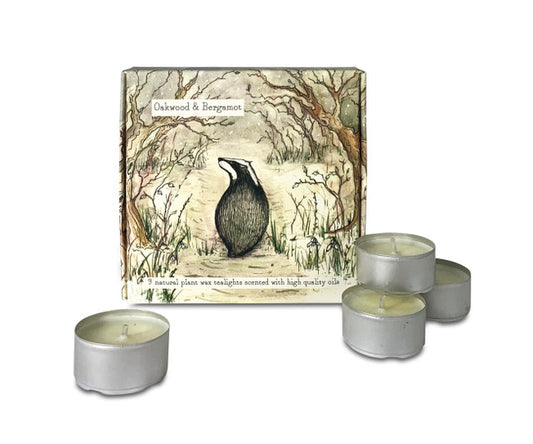 Illustrated Box of 9 Scented Wildlife Tea Lights Oakwood & Bergamot (Badger)