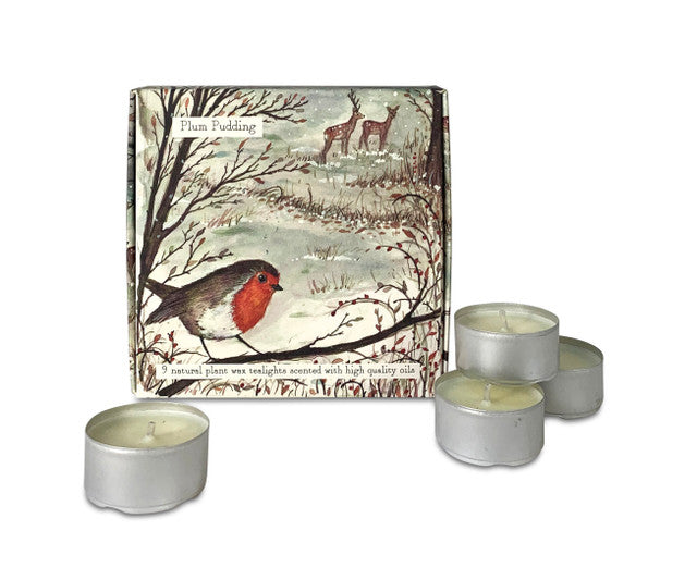 Illustrated Box of 9 Scented Wildlife Tea Lights Plum Pudding (Robin)